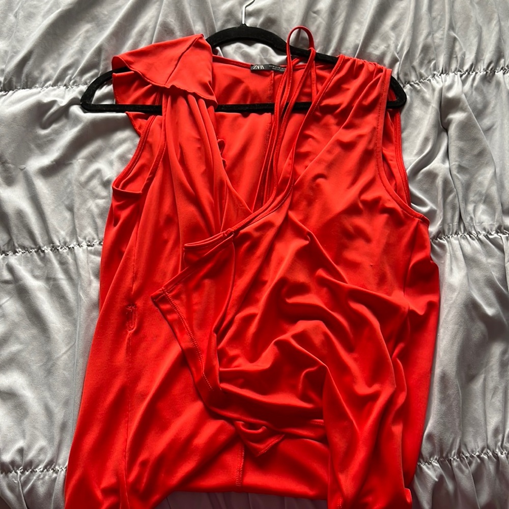 Zara red wrap ruffle blouse